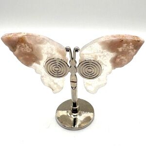Cherry Blossom Agate Crystal Butteryfly Wings-  mounted on a metal stand.